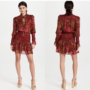 FARM Rio Burgundy Polka Dot Ruffle Mini Dress
